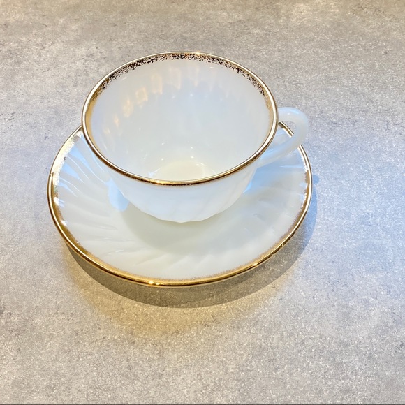 Fire King Milk Glass White and Gold Cup and Saucer - White Swirl made by Anchor - Picture 3 of 6
